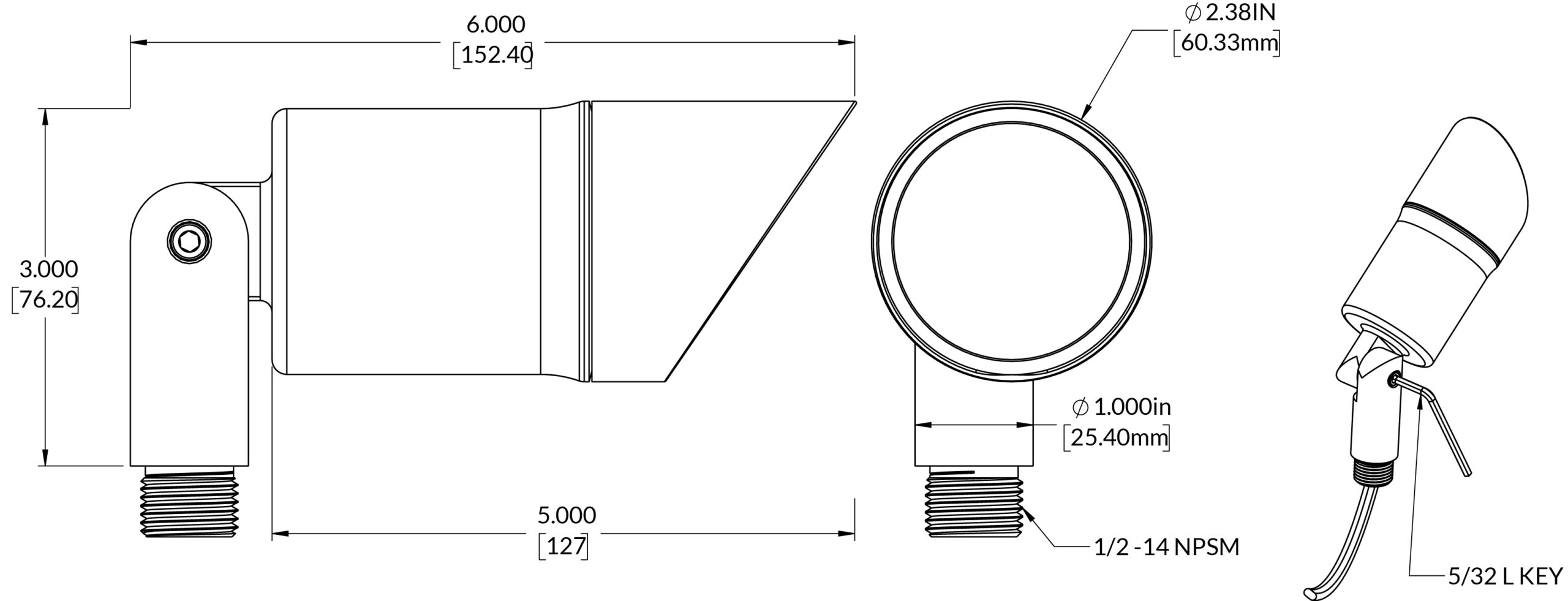 REV Spotlight dimension drawing with fixture diameter and mounting details