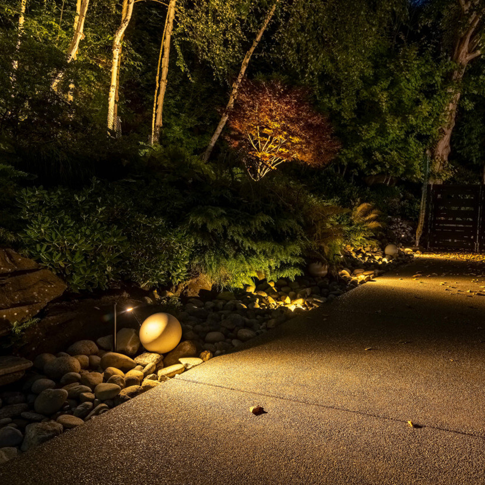 P9 Path Light illuminating a garden path and planting bed