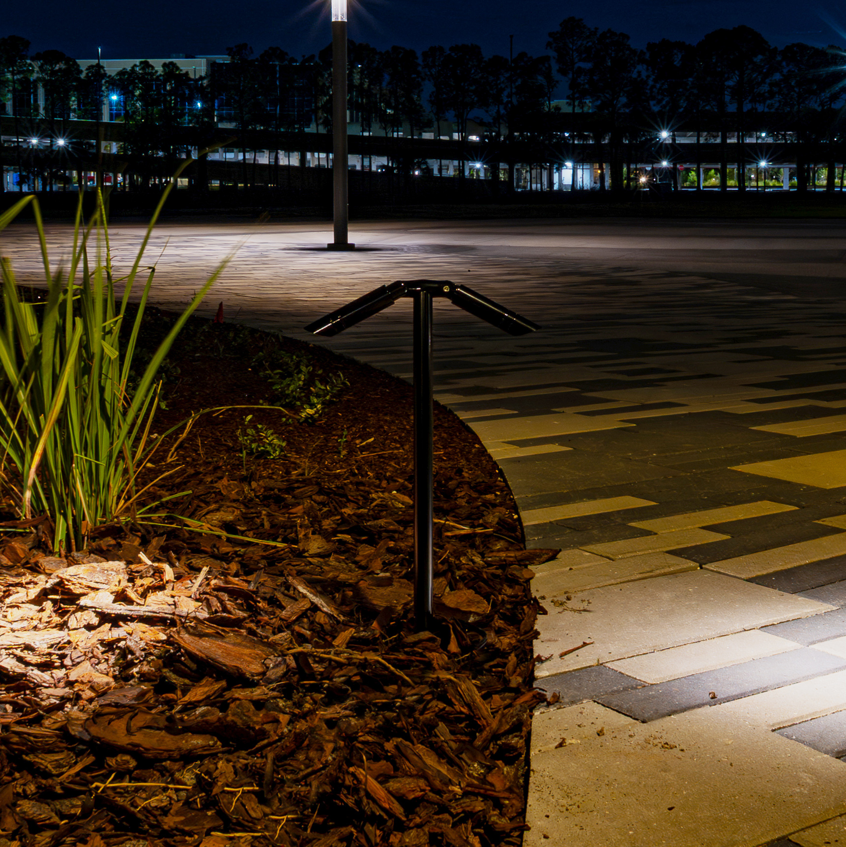 P9 Dual Path Light with both heads aimed along a paved walkway