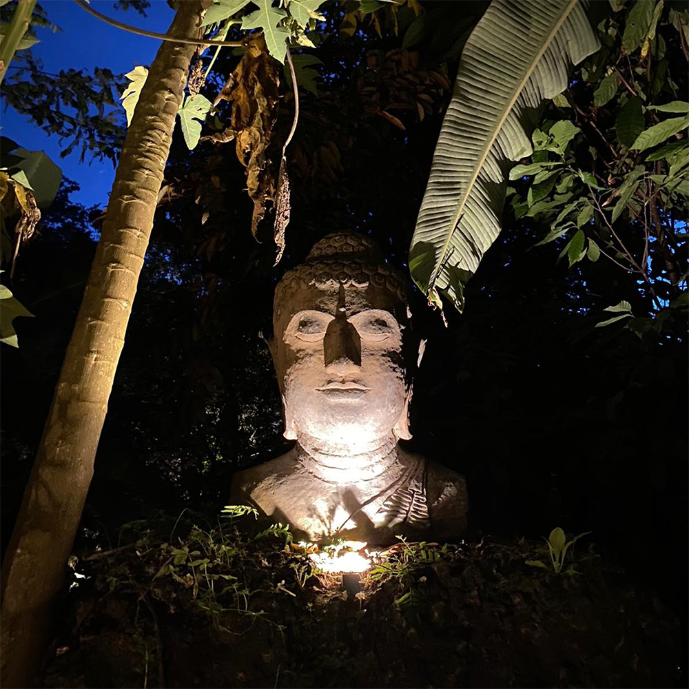 ROCK Micro Series illuminating a garden sculpture from a concealed planting area