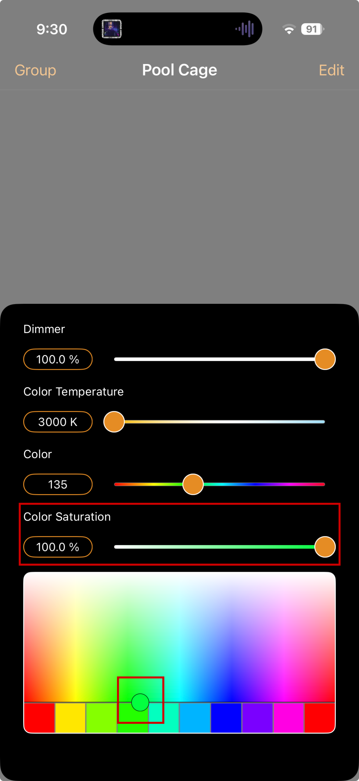 Correct: Color Saturation set to 100.0%