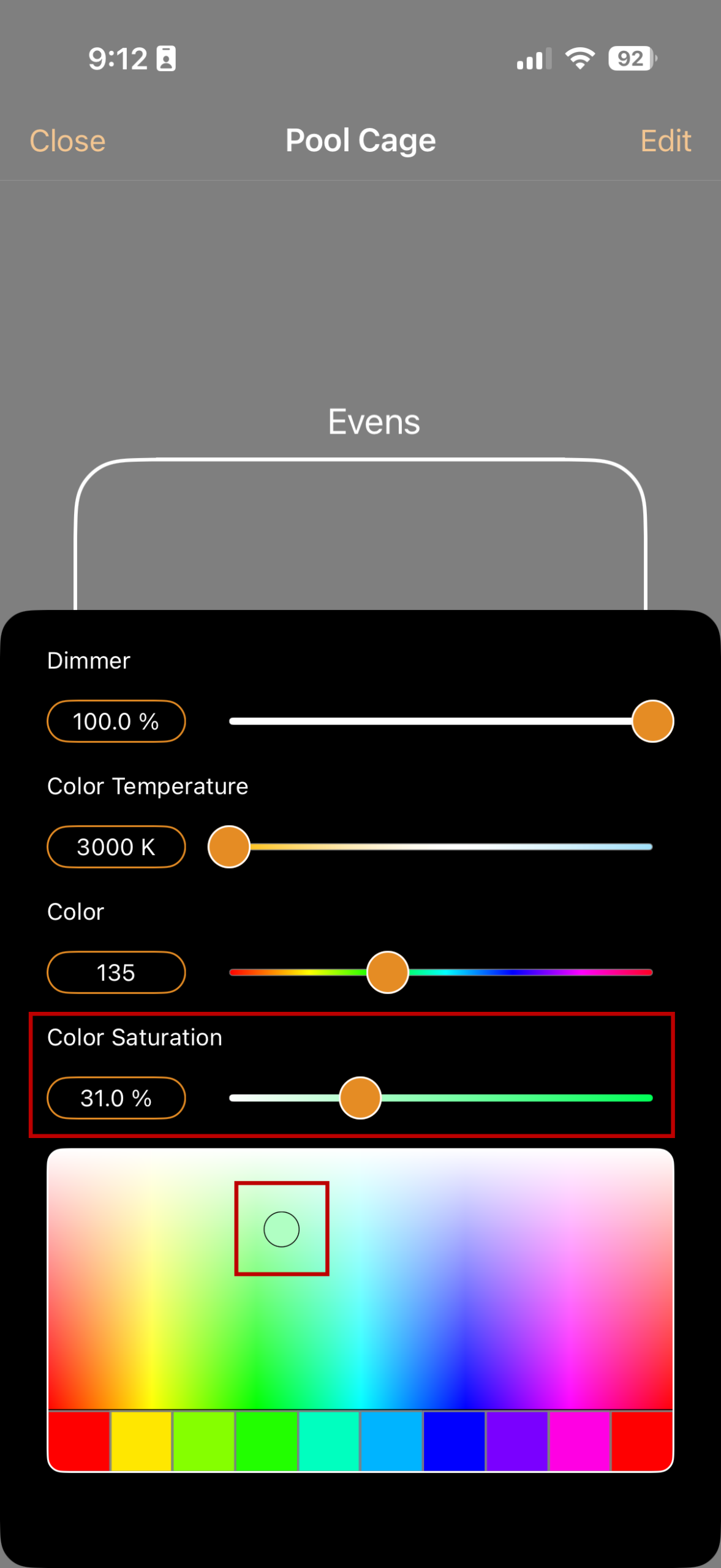 Incorrect: Color Saturation set to 31.0%, an example of a setting below 100%