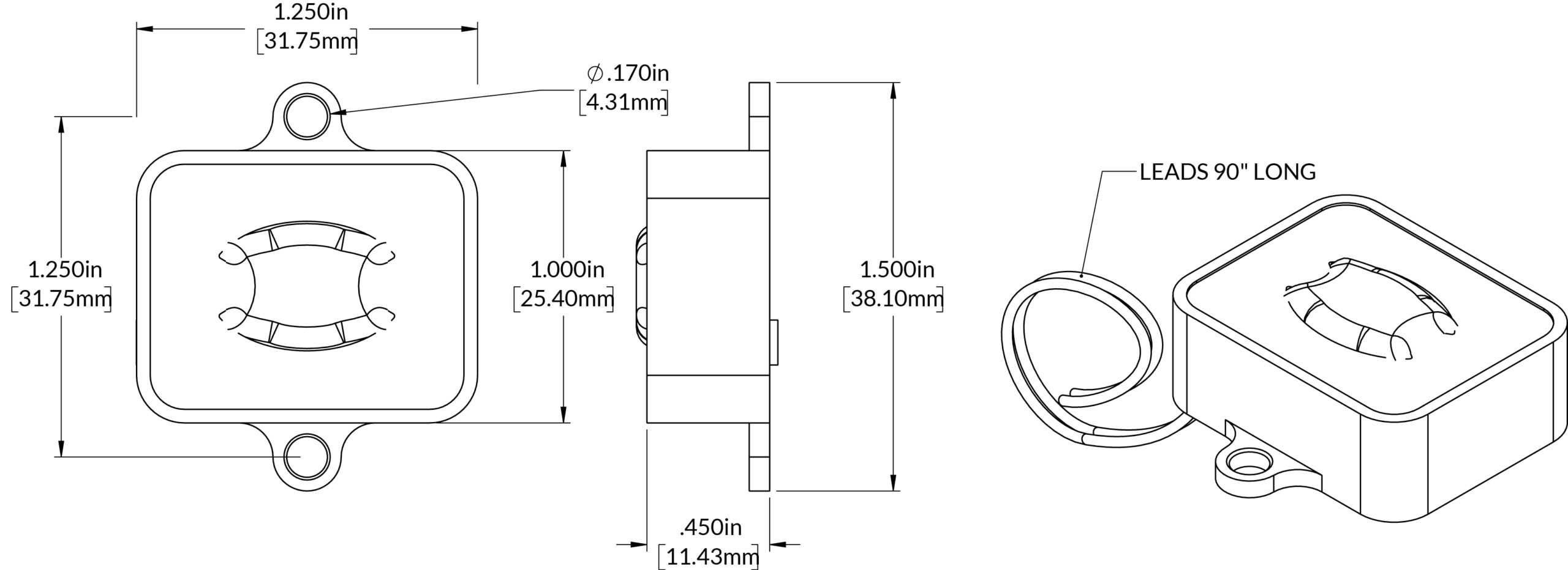 TIGER EYE dimension drawing showing the compact housing and integrated mounting tabs