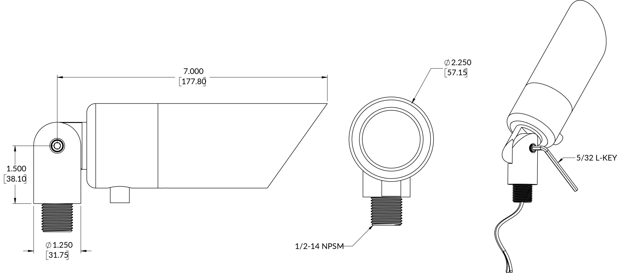 Casa Color Spotlight dimension drawing showing a 2.25-inch body diameter, 7-inch fixture length, and threaded mounting connection
